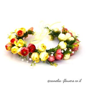 Венок на голову with yellow, red and white flowers available for delivery from a flower shop.