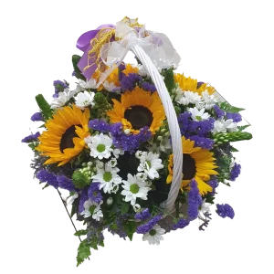A flower shop offering delivery of a Букет цветов Анжелика containing sunflowers and daisies.