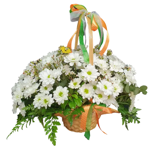 A bouquet of white daisies available for delivery from a flower shop.