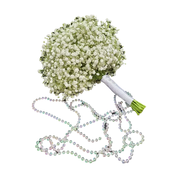 A bouquet of baby's breath and pearls for delivery.