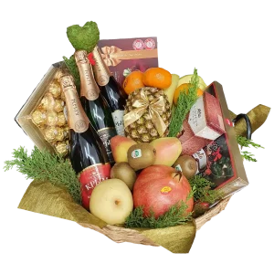 A basket filled with fruit and champagne available for Композиция подарочная delivery.