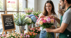 פרחנית עוזרת לאישה מחייכת לסדר זר פרחים בחנות פרחים מלאה בפרחים צבעוניים שונים; משמאל מוצג שלט עם טקסט בעברית.