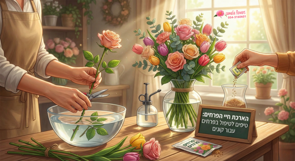 שני אנשים מכינים זר ורדים ופרחים אחרים בחדר מואר, גוזמים את הגבעולים ומוסיפים חומר הזנה לפרחים לאגרטל. שלט עם טיפים לטיפול בפרחים מוצג בעברית.