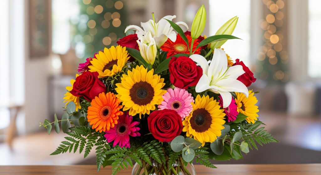 אגרטל זכוכית מלא בזר מעורב של ורדים אדומים, חמניות צהובות, חבצלות לבנות, גרברות כתומות וורודות, ועלים ירוקים שונים, המונח על שולחן עץ בתוך הבית.