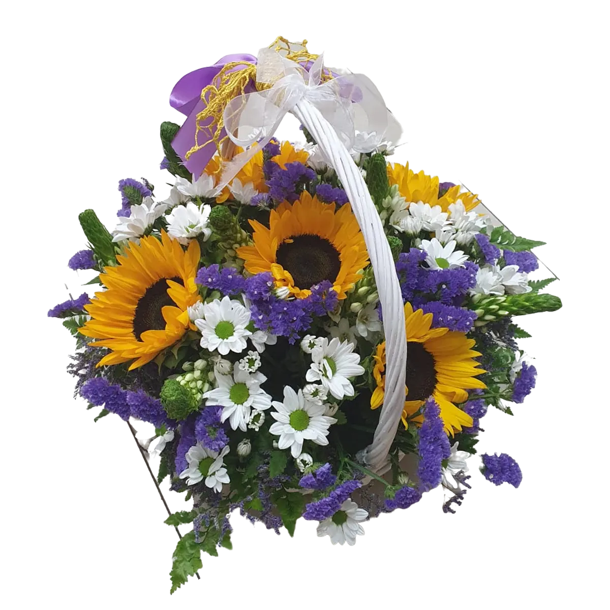 A flower shop offering delivery of a Букет цветов Анжелика containing sunflowers and daisies.