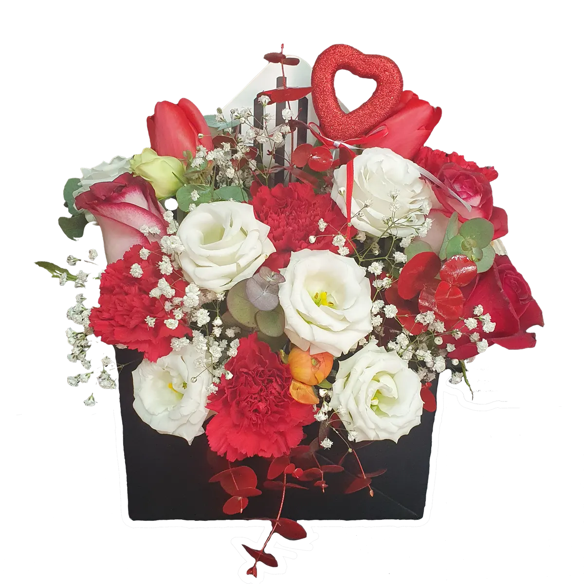Valentine's day bouquet in a black box, delivered by a flower shop.