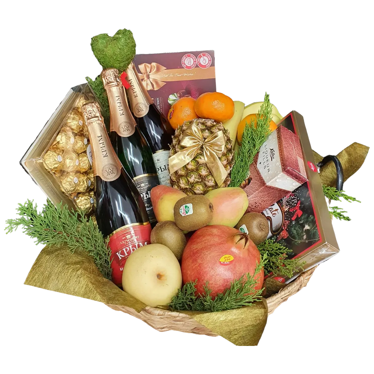 A basket filled with fruit and champagne, perfect for delivery from a flower shop.